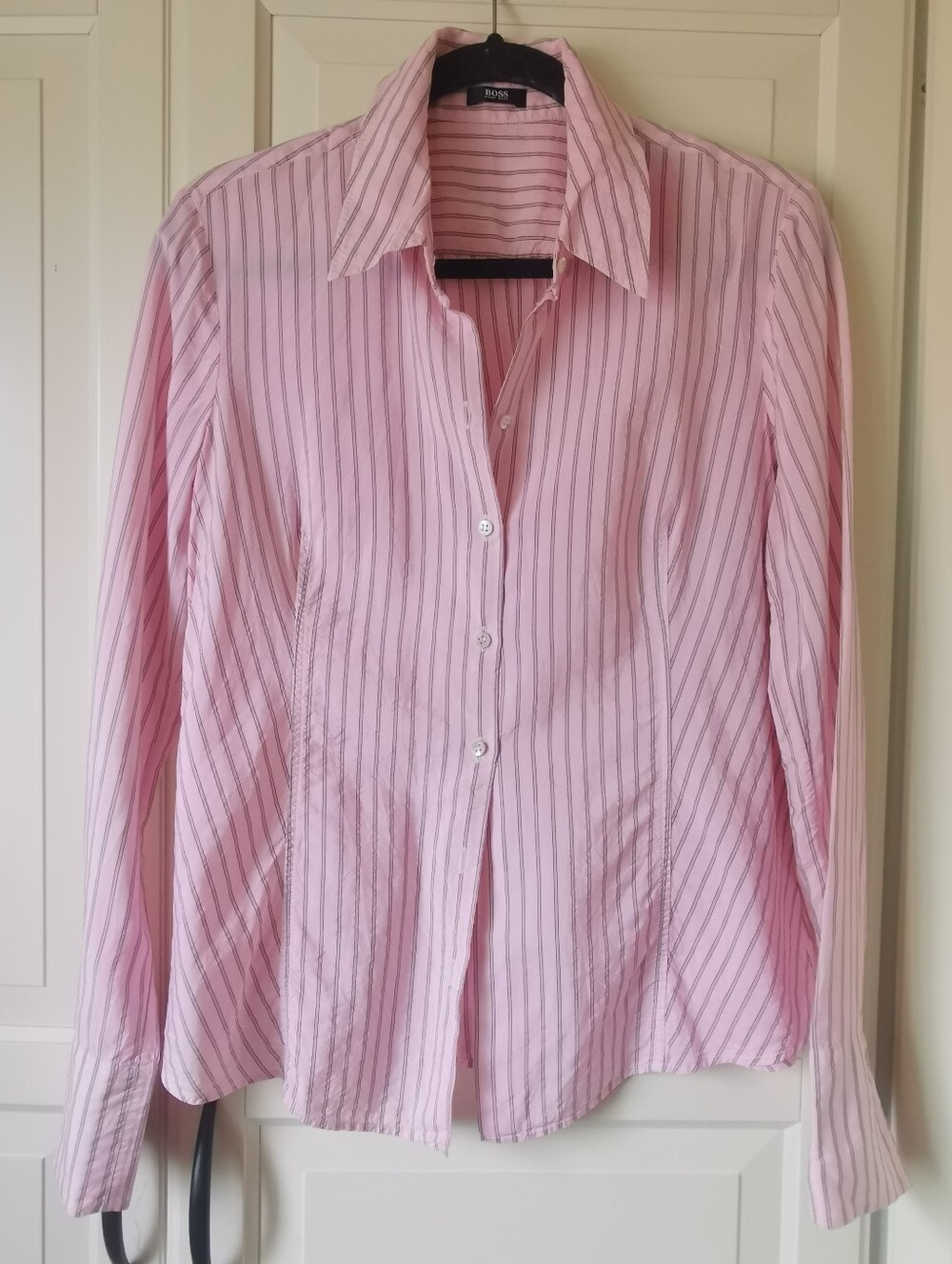 HUGO BOSS Pink Striped Silk-Blend Long Sleeve Button-Down Blouse